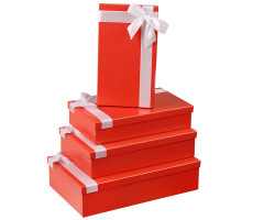 Набор прямоугольных коробок 4 в1 Однотонные красные с лентой  (30*20*8-24*14*5см)