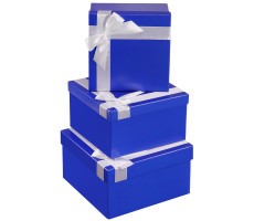 Набор квадратных коробок 3 в1 Однотонные синие с лентой (19,5*19,5*11-15,5*15,5*9см)